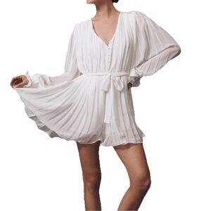 NWT Anthropologie Endless Rose V-Neck Chiffon Pleated Romper White Women’s Sz L